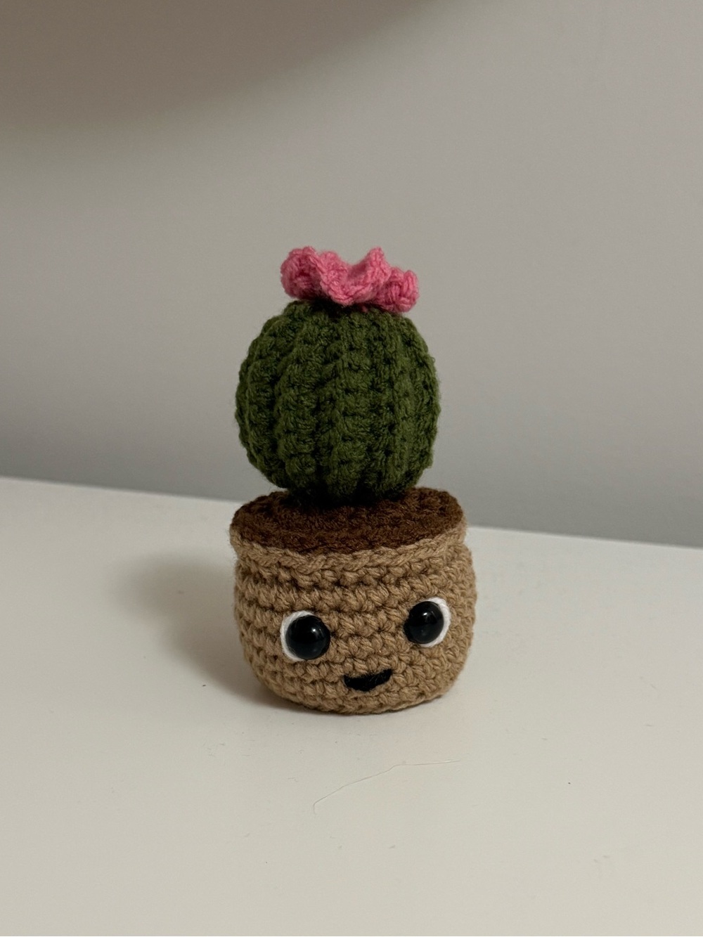 Handmade Crochet Cactus Plush with Pink Bloom